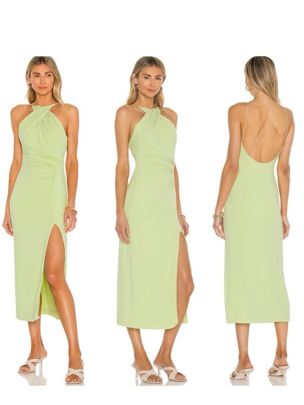 Light Green Halter Midi Dress with Side Slit